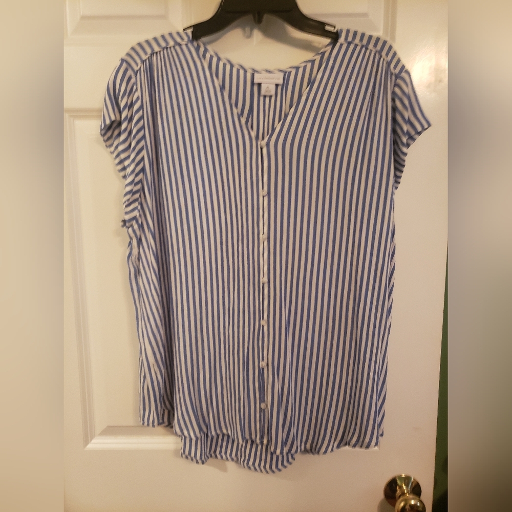 LIZ CLAIBORNE top, navy & white striped,  size L